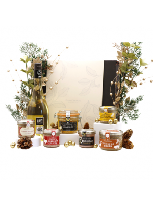 Cos Cadou INSTANT PRESTIGE cu foie gras, terine, dulciuri si vin pentru sarbatori, Ducs de Gascogne, 7 produse