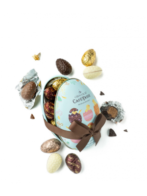 Cutie Metalica Cadou Paste, Oua de Ciocolata Belgiana Cafe-Tasse cu Pralina de Alune, Mix Ciocolata Lapte, Neagra si Alba, 120 g 