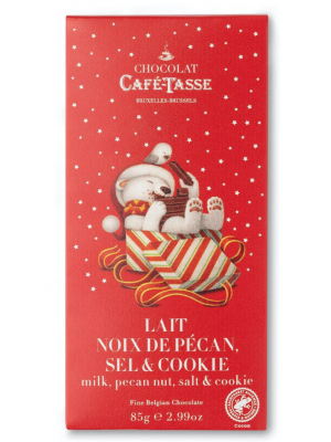 Tableta de ciocolata cu lapte cu nuci pecan, sare si biscuiti – editia de Craciun, 85gr, Café-Tasse