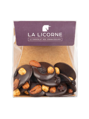 Mendiant din ciocolata neagra 70% cu cacao si fructe uscate,  La Licorne, 120g